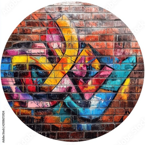 Vibrant urban graffiti art featuring bold colors and dynamic shapes on a rustic brick wall.