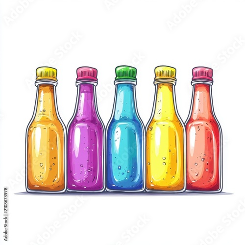 Colorful bottles of fizzy drinks in vibrant hues lined up, showcasing bright yellow, orange, purple, green, and blue.