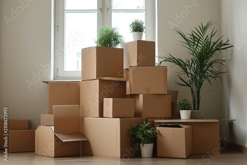 Cardboard boxes and household items in the room, a place for text