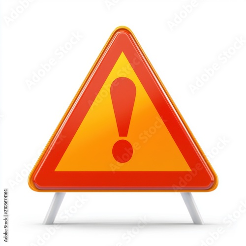 A bright orange and yellow warning sign featuring an exclamation mark, signaling caution and alertness.