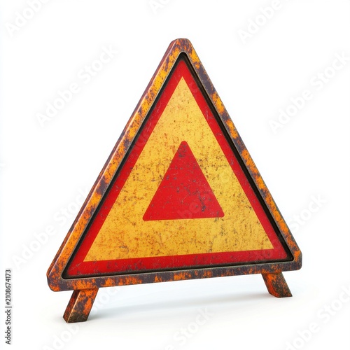 A weathered warning sign featuring a triangular shape in red and yellow colors, conveying caution with a vintage feel.