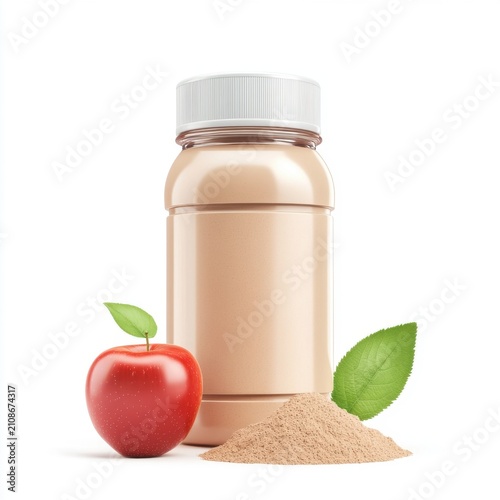 A sleek bottle of apple-flavored powder supplement next to a fresh red apple and a heap of apple powder.