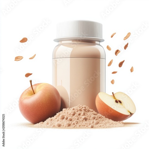 A vibrant composition featuring a jar of powdered supplement alongside fresh red apples and apple slices.