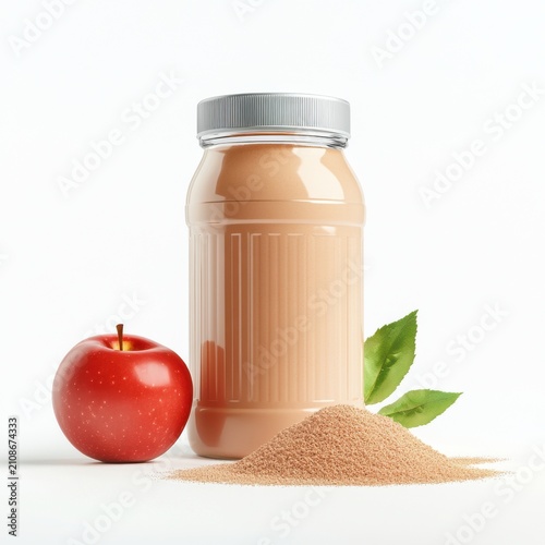 A red apple beside a jar of creamy liquid and a mound of brown powder, with green leaves for a fresh touch.