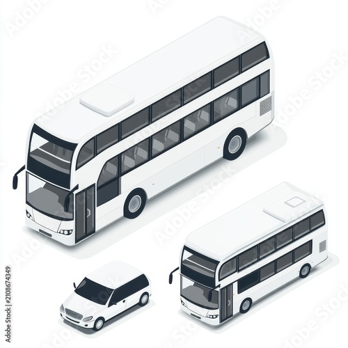 A modern white double-decker bus and a compact car in a flat design, showcasing public transportation elements.