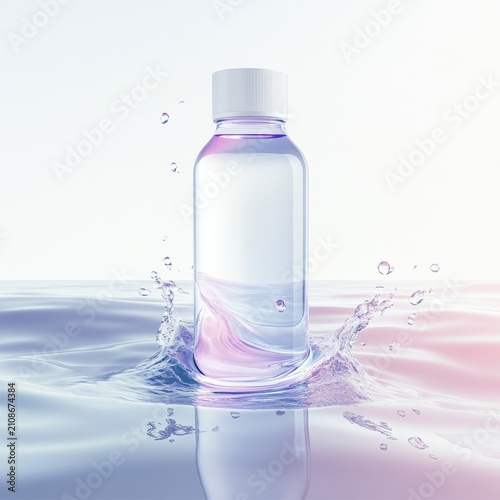 A sleek, clear bottle splashes in vibrant water, showcasing elegance and refreshment in a soft pastel hue.