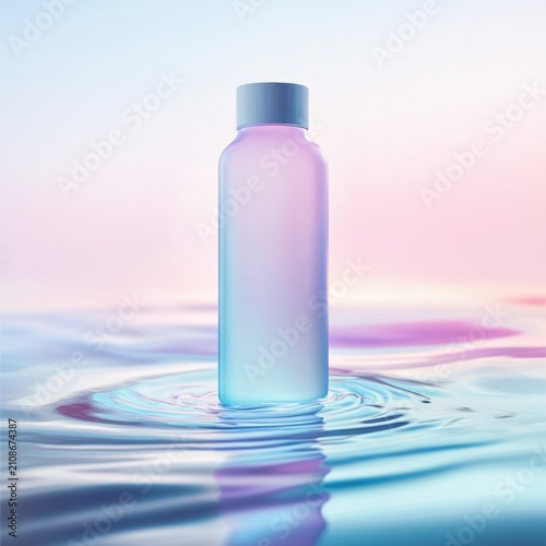 A sleek, gradient water bottle stands prominently on a serene water surface, reflecting soft pastel colors.