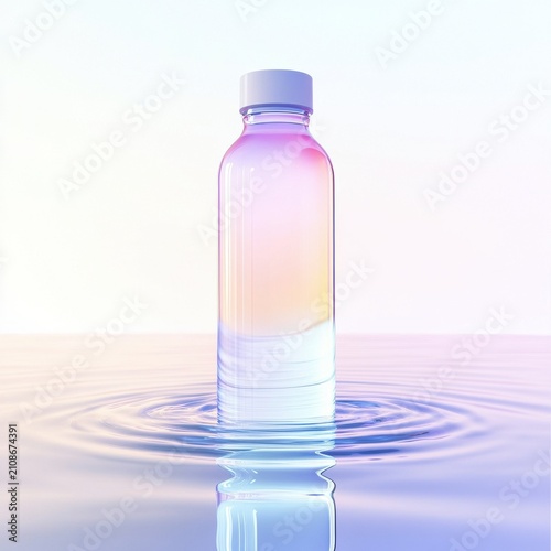 A translucent water bottle stands in still water, reflecting soft pastel hues of pink, blue, and purple.