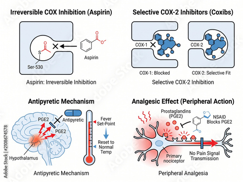 Antipyretic mechanism and analgesic effects demonstrate how common medications interact with prostaglandins to lower fever and block pain transmission in the nervous system.