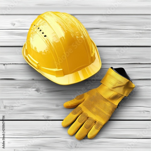 A vibrant yellow hard hat and work gloves resting on a weathered wooden surface, symbolizing safety and construction.