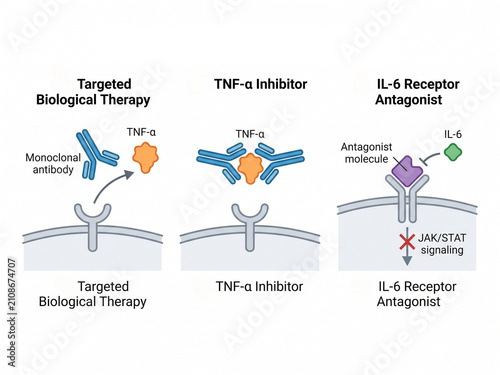 Targeted biological therapies utilize monoclonal antibodies and receptor antagonists to inhibit tumor necrosis factor alpha and interleukin six signaling pathways effectively.