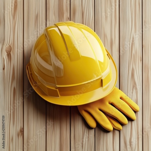 A bright yellow hard hat paired with textured safety gloves resting on a wooden surface.