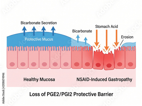 Gastropathy comparison graphic highlights the physiological differences between healthy stomach mucosa and tissue damaged by the loss of protective prostaglandin barriers due to medication.