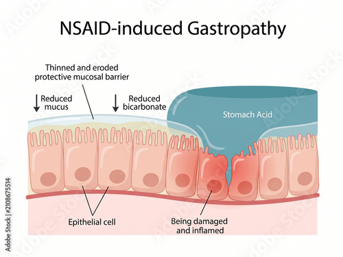 Stomach lining illustration demonstrates how non-steroidal anti-inflammatory drugs cause erosion of the protective mucosal barrier and induce inflammation in human epithelial cells.