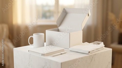White Gift Box Unboxing with Mug Notebook and Tote Bag on Marble Table with Soft Bokeh Background