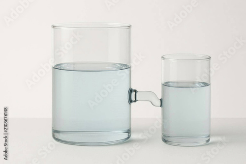 Two connected glass tanks hold water at different levels.