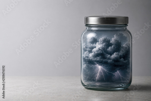 Thunderstorm clouds and lightning trapped inside a glass jar. Space for text.