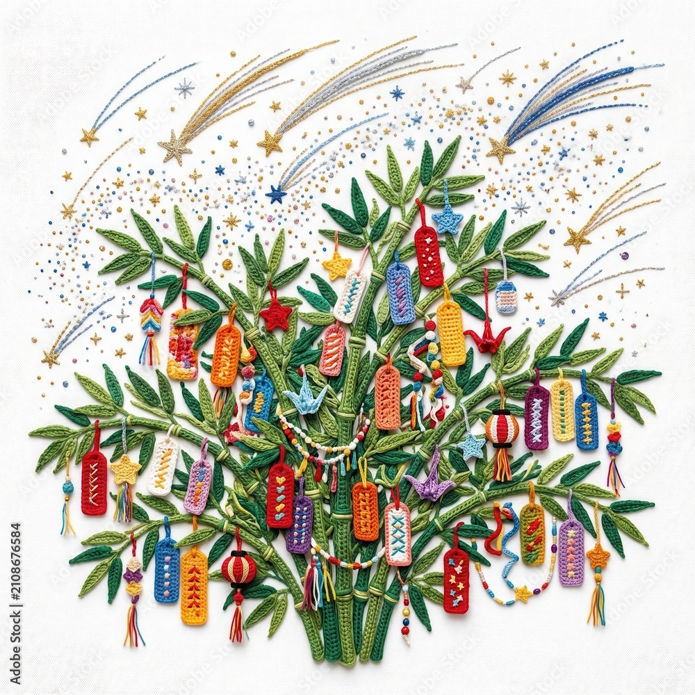 Obraz premium Tanabata bamboo tree with paper wishes and falling stars