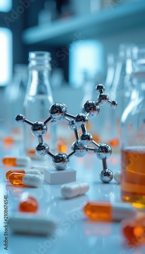 Metallic molecular structure model stands on table with pharmaceutical capsules, glass vials. Science lab background displays medical research tools for organic chemistry experiment. Drug development