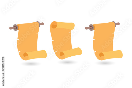 Three colorful illustrations of ancient scrolls unrolling on wooden rods on transparent background PNG