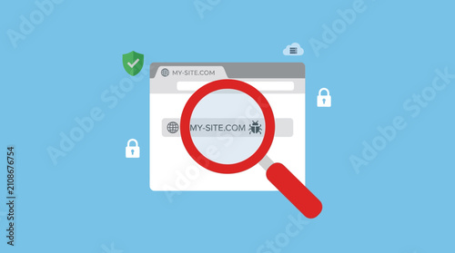 Fotografija Website security scan illustration features a magnifying glass examining a website address in a browser bar, indicating a check for malware or vulnerabilities to ensure online safety
