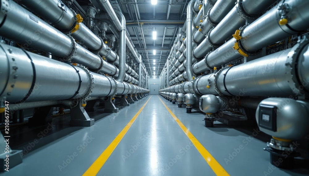 Obraz premium Industrial gas pipes stretch down long corridor. Large metal tubes with yellow markings run along both sides of clean factory floor. Reflective lighting illuminates facility and its complex machinery.