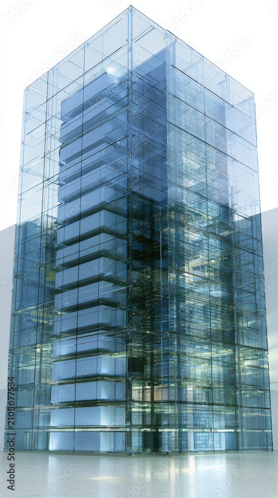 Fototapeta premium Transparent Glass Data Center Building on White Background