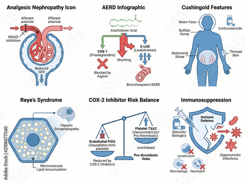 Medical infographics illustrate complex biological mechanisms including nephropathy, immunosuppression, and respiratory pathways for clinical educational use in healthcare settings.