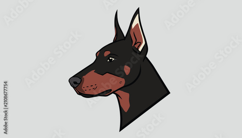 Profile portrait illustration of a noble Doberman pinscher dog with alert ears over a solid grey background.