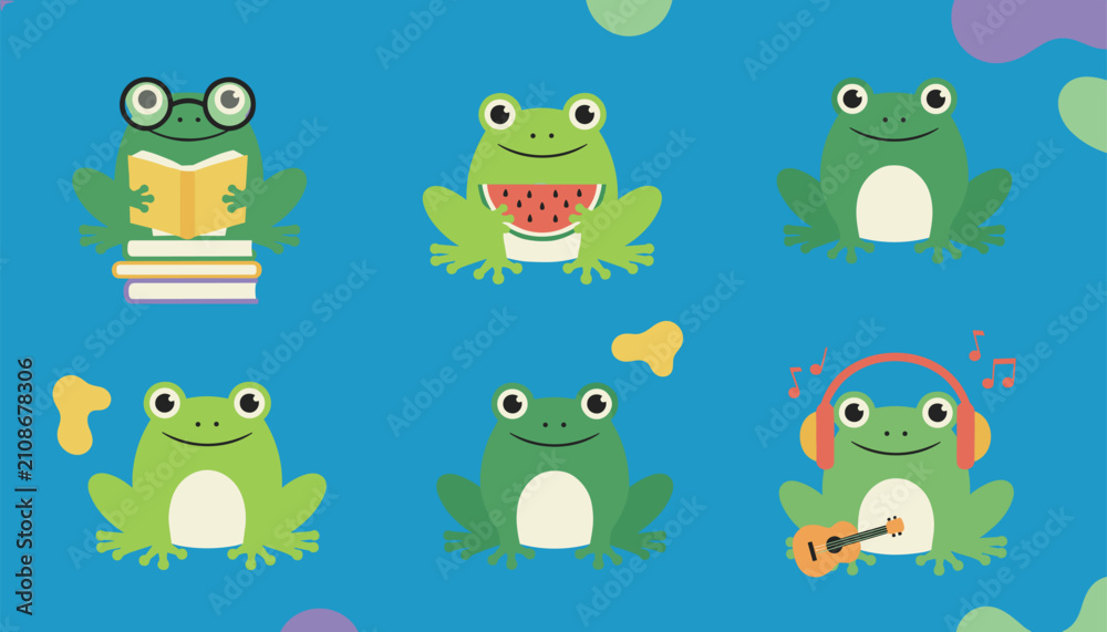 Fototapeta premium Set of six adorable cartoon frogs engaged in various fun activities including reading, playing music, and eating.