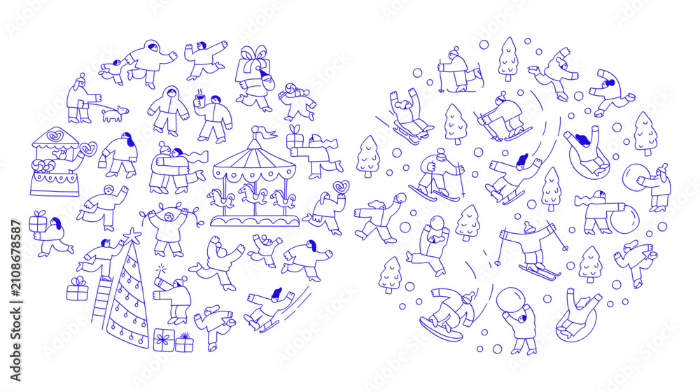 Obraz premium Christmas fair line art. Christmas Market and Winter Time outline collection combining Christmas market scenes, festive people, carousel, tree decorating and playful winter sports characters.