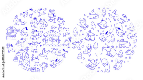 Christmas fair line art. Christmas Market and Winter Time outline collection combining Christmas market scenes, festive people, carousel, tree decorating and playful winter sports characters.