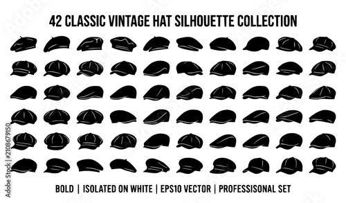 Quadro su tela Classic Vintage Hat Silhouette Set Beret Flat Cap Vector Collection