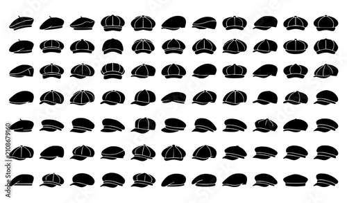 Quadro su tela Vintage Black Beret and Flat Cap Silhouette Vector Set