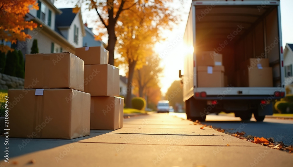 Naklejka premium Cardboard boxes stacked on sidewalk next to moving truck parked on sunny suburban street. Brown parcel containers wait for loading during house relocation process. Residential neighborhood road