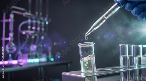 A scientist in a lab is using a pipette to add a drop of liquid into a test tube. The background shows lab equipment and glowing lights. The scene is set at night