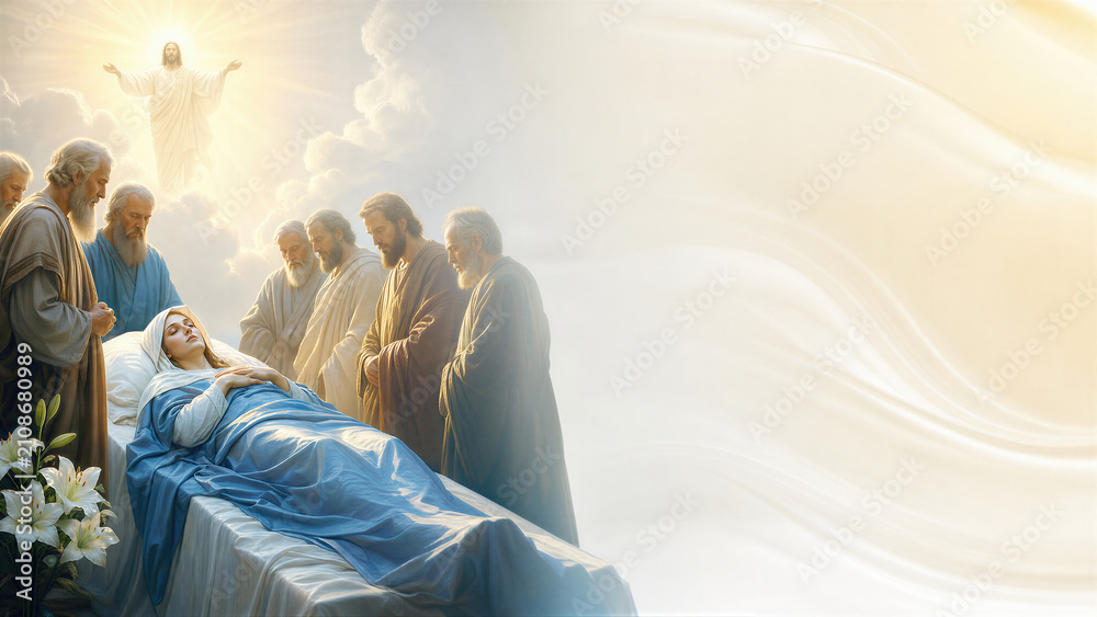 Obraz premium Dormition of the Mother of God with apostles and Jesus Christ descending from heaven in divine light. Religious scene depicting the assumption of the Virgin Mary. Biblical belief imagery.
