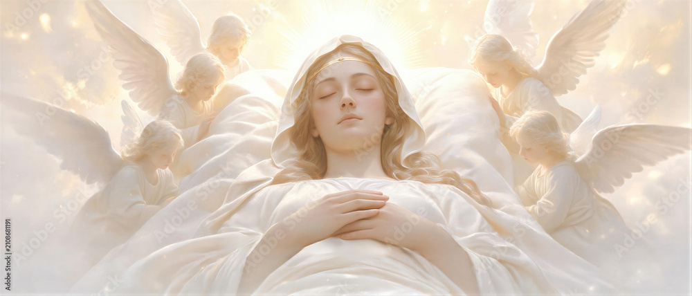 Obraz premium Virgin Mary lying with eyes closed surrounded by angels. Dormition of the Mother of God scene. Religious art depicting ascension and divine transition. Spiritual faith concept. Banner with copy space