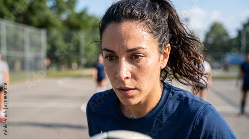 Focused Female Soccer Player Intense Expression on Outdoor Court During Game or Practice