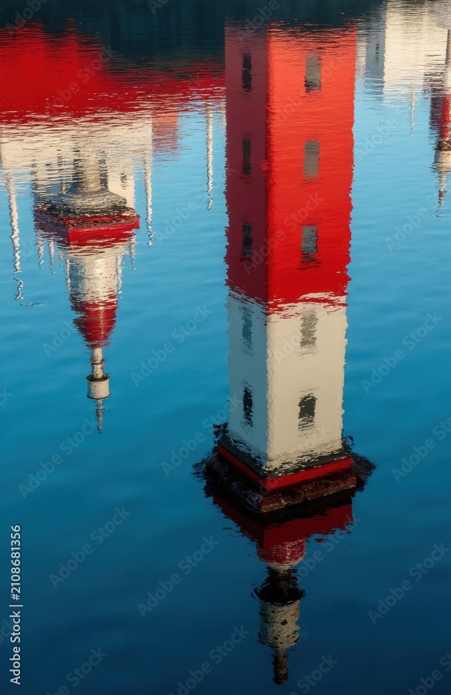 Fototapeta premium Red and white lighthouse reflected in calm blue water. Nautical landmark stands on pier. Maritime building mirrors in rippling sea. Coastal structure in Scandinavian port. Summer day water scene.
