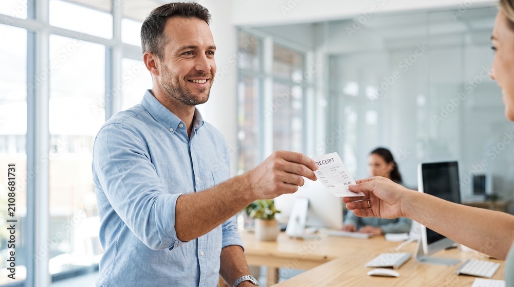 Fototapeta premium Smiling man receives a receipt from a colleague at a modern office reception desk