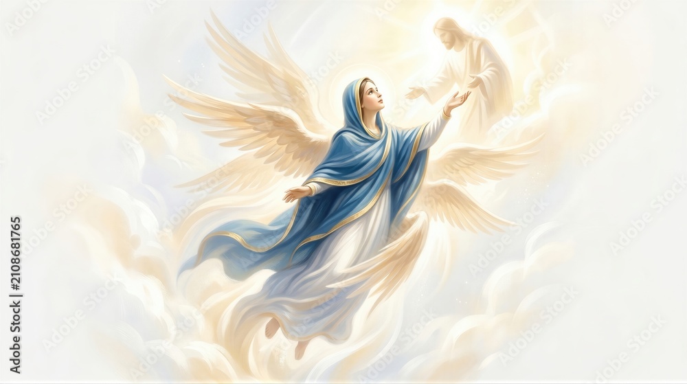 Obraz premium Virgin Mary ascending into heaven with angel wings to meet Jesus Christ. Representation of the Dormition of the Mother of God, christian religious art, spiritual ascension scene.