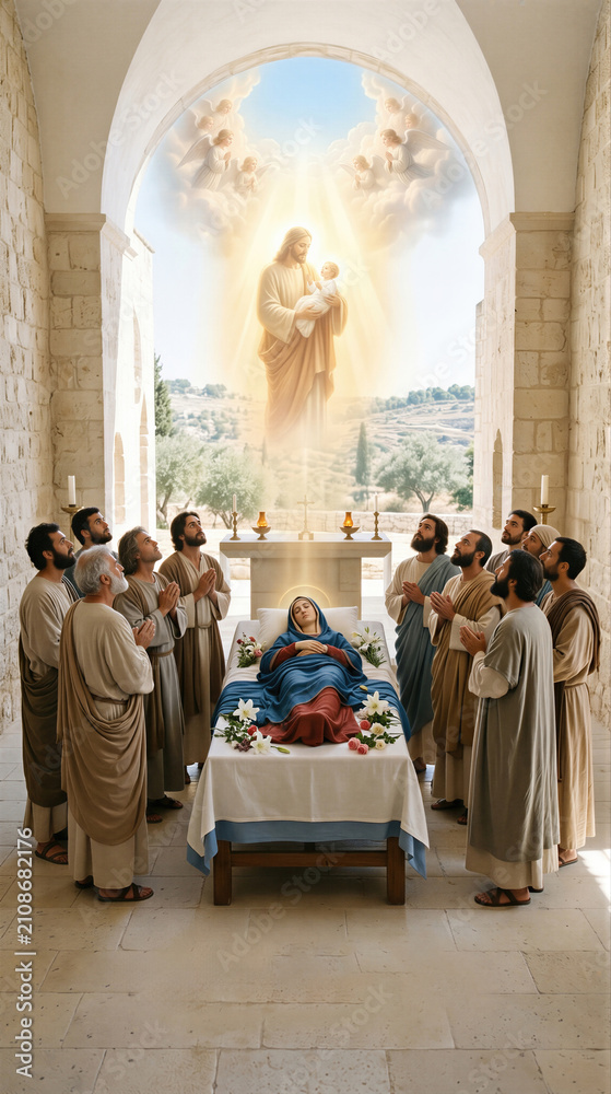 Obraz premium Virgin Mary lying on bier surrounded by apostle in church. Jesus Christ holding baby soul descending from heaven. Dormition of the Mother of God, religious art, biblical scene, Orthodox faith.