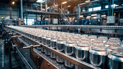 Workers operate machinery as cans travel on a conveyor belt in a factory. The setup shows a large-scale canning process. Equipment is positioned throughout the space