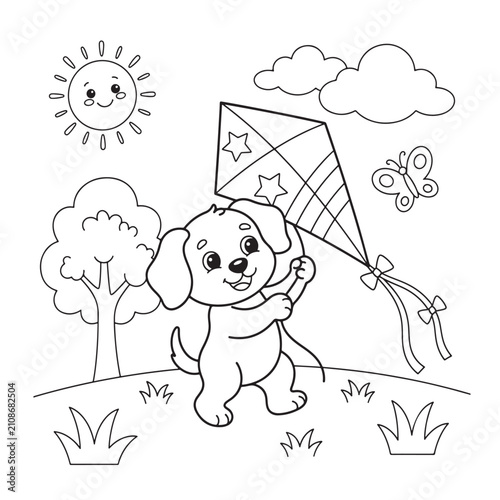 Cute puppy dog flying kite coloring page vector