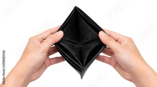 Hands holding an empty black wallet. Person showing no money in a leather billfold.