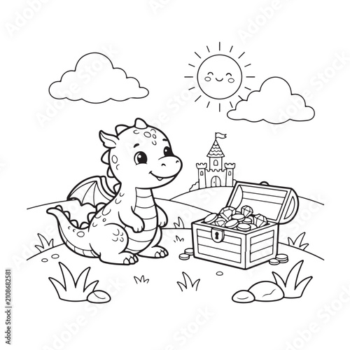 Cute baby dragon with treasure chest coloring page vector