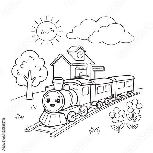 Cute train at railway station coloring page vector