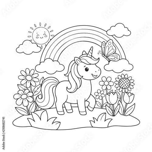 Cute unicorn and rainbow coloring page for kids vector