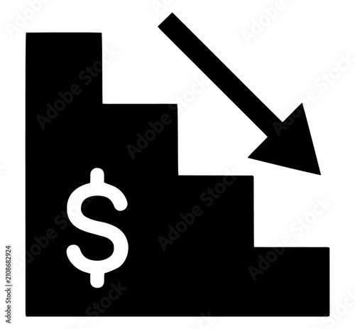 Foto Black and white icon of a dollar sign on a descending staircase with a downward
